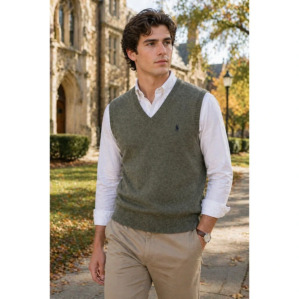 Polo Ralph Lauren Vintage Lambswool Sweater Vest Mens Large Olive Green Preppy